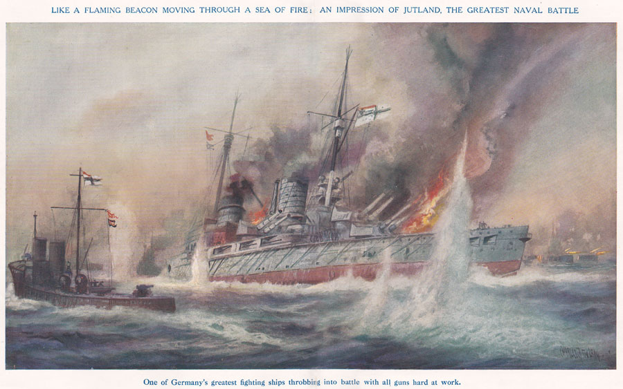 German ships at the Battle of Jutland, Our Wonderful Navy, Cassell & Co, artist Charles deLacy ©  Imperial War Museum. 