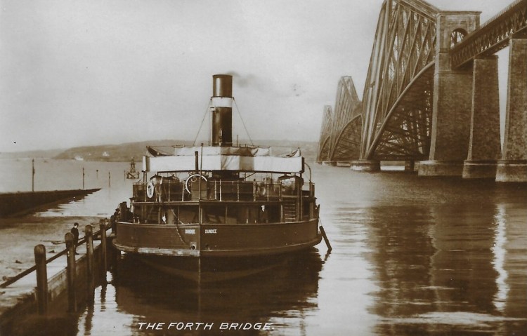 Old postcard showing The Forth Bridge and a ferry.